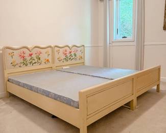 Pair of Twin Beds with Floral Needlepoint Headboard - This item is available to purchase on our website: https://www.pureandsimplecarolinas.com/shop