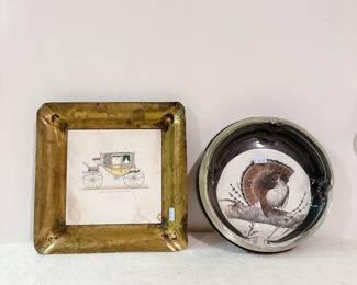 vintage brass framed art horse-drawn carriage, delano studios ceramic tray wild turkey