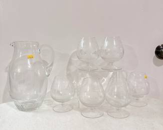 Rowland Ward Safari Brandy Snifter Glass 5" Etched Wildlife & Pitcher
