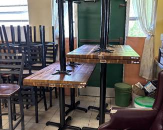 Butcher block topped bar tables. Most bar height 2 that are reg table heights 