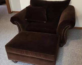 Oversized Upholstered Armchair with Matching Ottoman  Brown Velvet