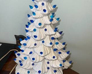 Vintage white ceramic tabletop Christmas tree with blue lights that light up