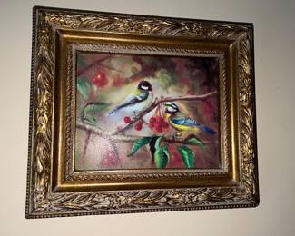 Oil painting of two songbirds on a branch with red berries