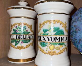 Vintage French apothecary Fol. Bellad and Nux Vomica poison jars (empty)
