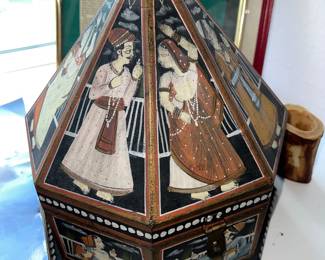 Traditional Indian hand-painted octagonal wooden jewelry box