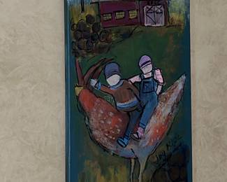 Primitive folk art painting of children riding a wingless creature