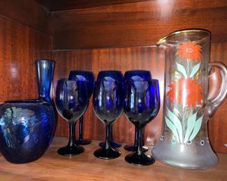 Cobalt blue glasses, bowl and vase and vintage hand-painted floral pitcher