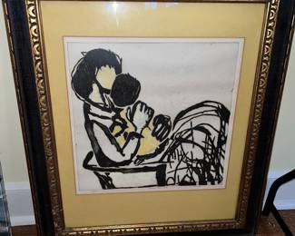 Woodblock print of mother and child by Sadie Rosenblum