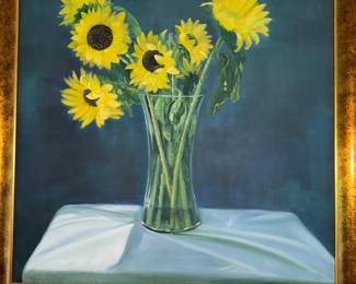 Oil painting by Leyla Demir, "Sunflowers in a vase still life"