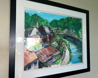 Picturesque riverside village landscape