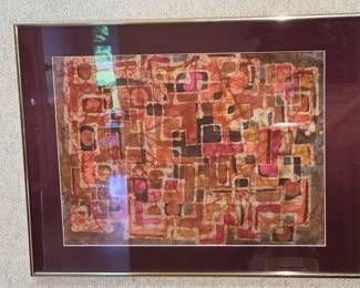 Abstract painting featuring mosaic squares of red and orange