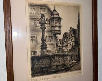 Vintage black and white etching, possibly Fountain of St George