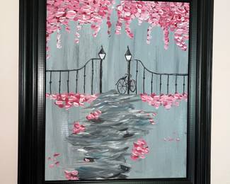 Romantic painting of a bike path (with bike) with pink cherry blossoms