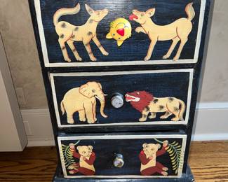 Vintage folk art hand-painted chest with animal motifs