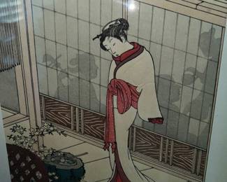 Woodblock print of Japanese woman on a veranda