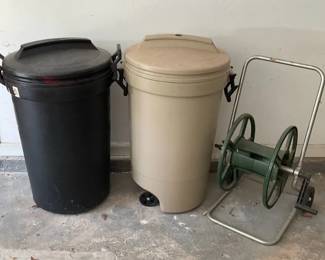 Hose Reel Cart And Rubbermaid Trash Cans