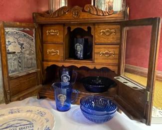 smoking tabletop case w/glass doors oak, Shirley Temple cobalt blue glassware