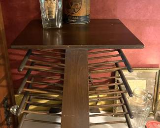 Bucciarelli Italian (?) bobbin and spindle magazine rack/side table, vintage/antique advertising jars and bottles