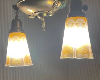 Victorian 2 arm brass pan chandelier w/pendant lights 1920s