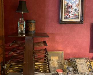 Bucciarelli Italian (?) bobbin and spindle magazine rack/side table, vintage/antique advertising jars and bottles