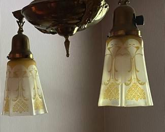 Victorian 2 arm brass pan chandelier w/pendant lights 1920s