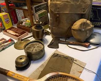 Boy Scout backpack canteens hatchet, brass nautical wall lantern