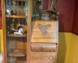 Victorian oak side-by-side secretary desk and bookcase w/curved glass