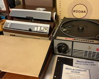 16mm Kodak projector, 16mm sound films, 45s, Anscomatic slide projector, bar supplies vintage, basin w/stand, beaded purses antique, Bell and Howell Filmo sportster camera, Movie mite corporation sound projector