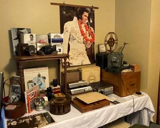 16mm Kodak projector, 16mm sound films, 45s, Anscomatic slide projector, bar supplies vintage, basin w/stand, beaded purses antique, Bell and Howell Filmo sportster camera, Movie mite corporation sound projector