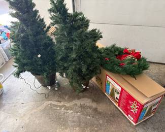 Two Outdoor Artificial Lighted Trees 4ft, Wreath, 7ft PreLit Duncan Fir Tree