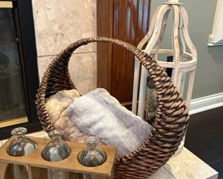 Basket With Blankets, Candle Holder, Jars