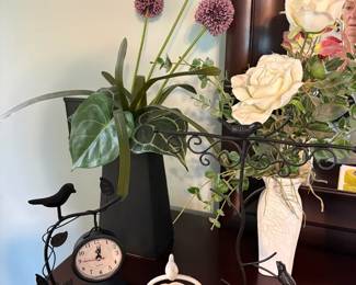 Flower Arrangements, Clock And Ceramic Bowl With Bird