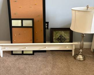 Small Shelf With Hooks, Bulletin Board, Lamp And Picture