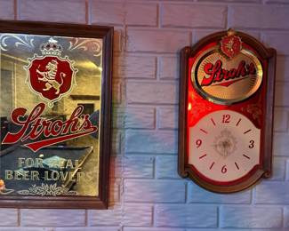 Vintage StrohS Beer Mirror Sign And StrohS Clock