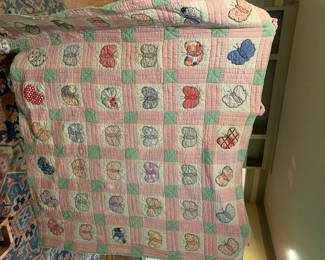 #189	Butterfly Appliqued w/pink/Green Sashing (has small hole ) - Hand-Quilted - 64x78	 $65.00 			