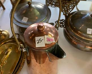 #210	copper pitcher with lid and handle	 $25.00 			