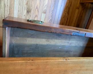 #004	antique side board with 3 drawers and 2 doors as is finish on top 50x22x39 	 $425.00 			