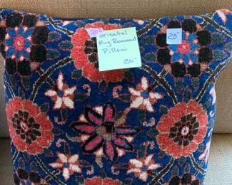 #202	blue red vintage oriental rug made into a pillow	 $20.00 			