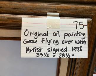 #201	Original oil painting geese fling over water artist signed 1988 35.5x28.5	 $75.00 			