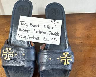 #268	Tory burch size 9.5 "Elina platform, wood wedge sandals in navy leather gold tone hardware	 $45.00 			