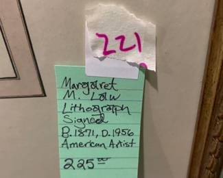 #221	Margaret M. Law Lethagrath signed 1871 d 1956 American artist  20.5 x 23.25	 $225.00 			