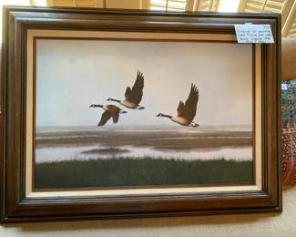 #201	Original oil painting geese fling over water artist signed 1988 35.5x28.5	 $75.00 			