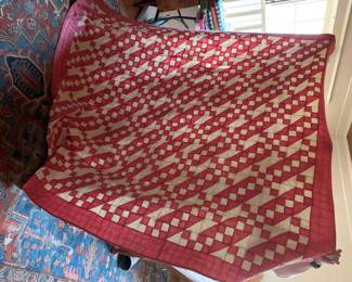 #184	Pink/White Flying Geese and Half Square Triangles - 88x80	 $75.00 			