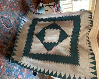 #185	Geometric Square in a Square - Teal/White Scalloped Edge - 80x 78	 $75.00 			