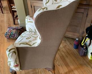 #008	cream embrodEry front wing back chair green velvet back 	 $185.00 			