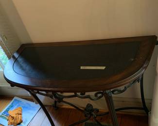 #078	Metal Base w/Wood Top w/marble Inset Half-Moon Table - 37x17x30	 $125.00 			