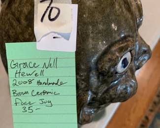 #069	Grace Nell Hewell 2008 Handmade Brown Ceramic Face Jug 	 $35.00 			