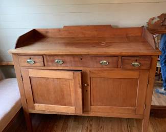 #004	antique side board with 3 drawers and 2 doors as is finish on top 50x22x39 	 $425.00 			