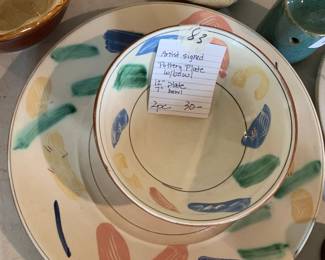 #083	Artist Signed Pottery Plate w/bowl = 12" Plate 7 " Bowl - 2 pc	 $30.00 	   		