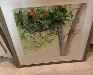 #041	Original Watercolor - Signed and Framed under Glass of Tree w/Basket of Flowers - 28x28	 $120.00 			